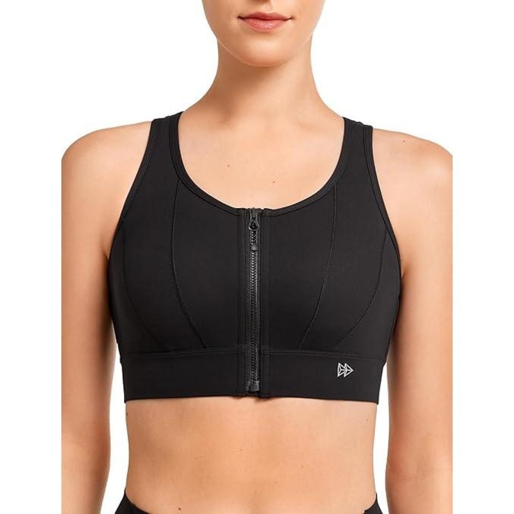 Yvette Ladies Sports Bra High Impact Front Zip Racerback Mesh Black XL